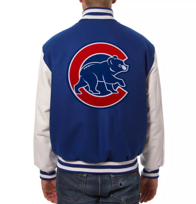 Men Chicago Cubs Letterman Varsity Jacket Blue Wool White Genuine Leather Sleeves - MLB