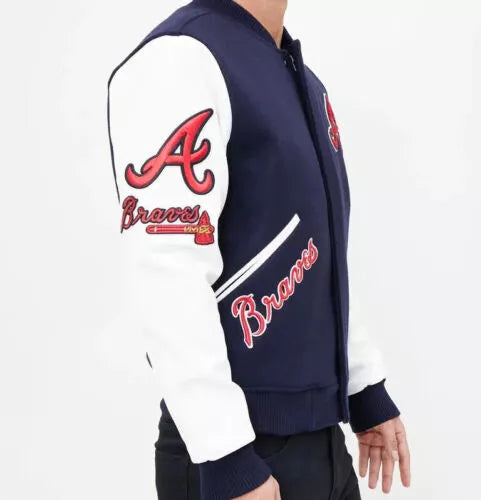 Men Letterman Atlanta Braves Wool Varsity Jacket With Leather Sleeves - MLB