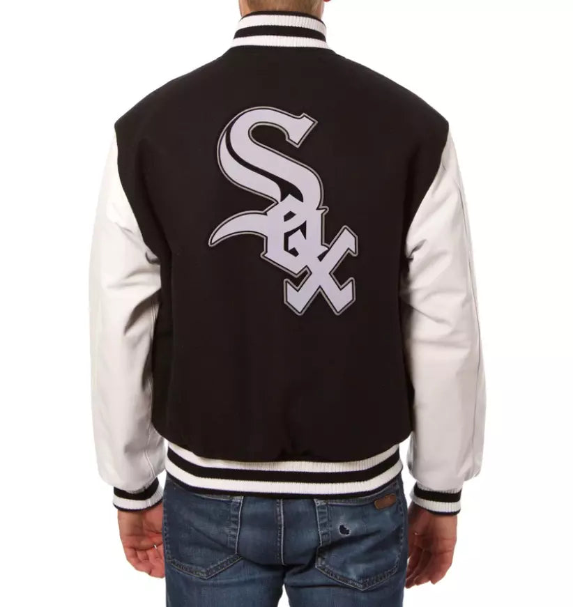 Chicago White Sox Letterman Varsity Jacket Black  Genuine Leather Sleeves - MLB