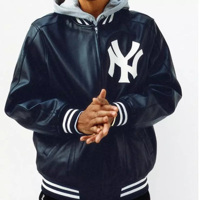 Men NY Yankees Black Letterman Varsity Leather Jacket - MLB