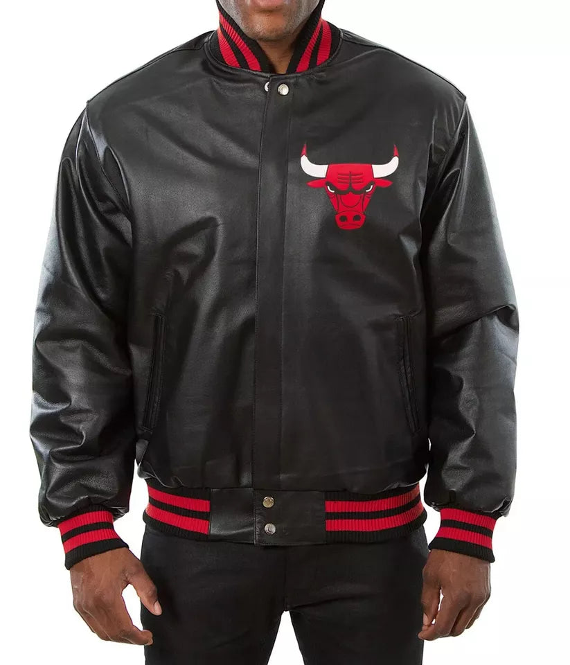 Letterman Chicago Bulls Black Leather Varsity Jacket with Leather Patches