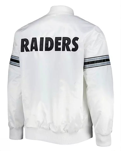 Las Vegas Raiders White Satin Varsity Jacket full-snap Embroidery logos - NFL