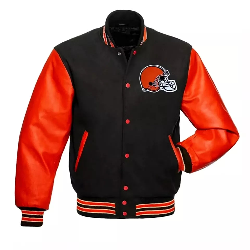 Letterman Cleveland Browns Black Wool Varsity Jacket With Orange Leather Sleeves - NFL