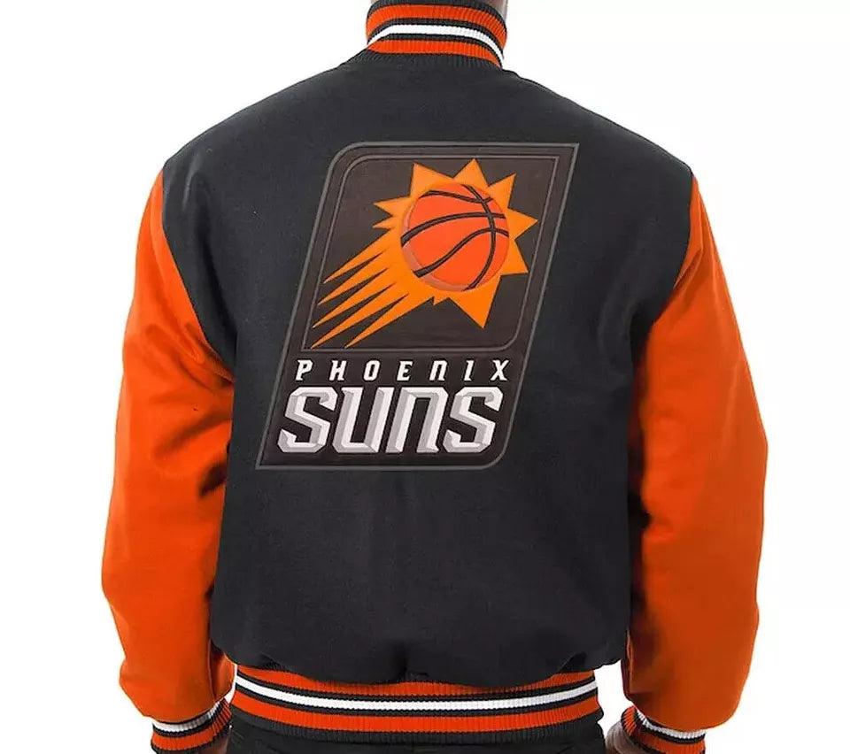 Men Letterman Phoenix Suns Black and Orange-All Wool Varsity Jacket - NBA