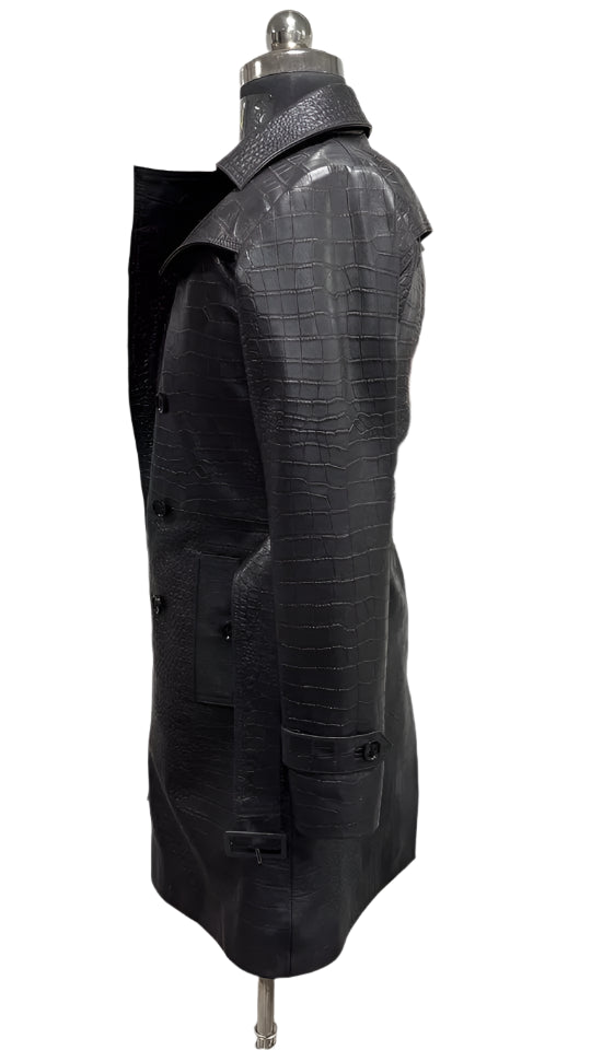 Women's Black Croco Coat 100% Genuine Lambskin Leather Croc Embossed Trench Coat