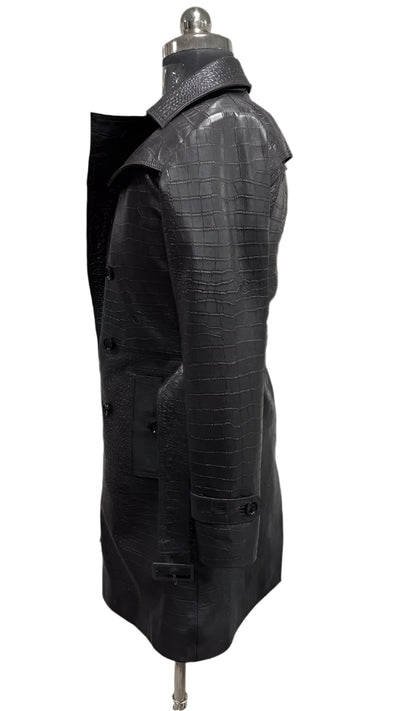 Women's Black Croco Coat 100% Genuine Lambskin Leather Croc Embossed Trench Coat