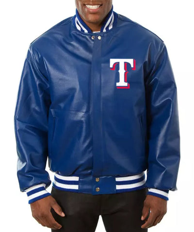 Men Texas Rangers Letterman Varsity Jacket Blue Genuine Sheep Leather Baseball-MLB