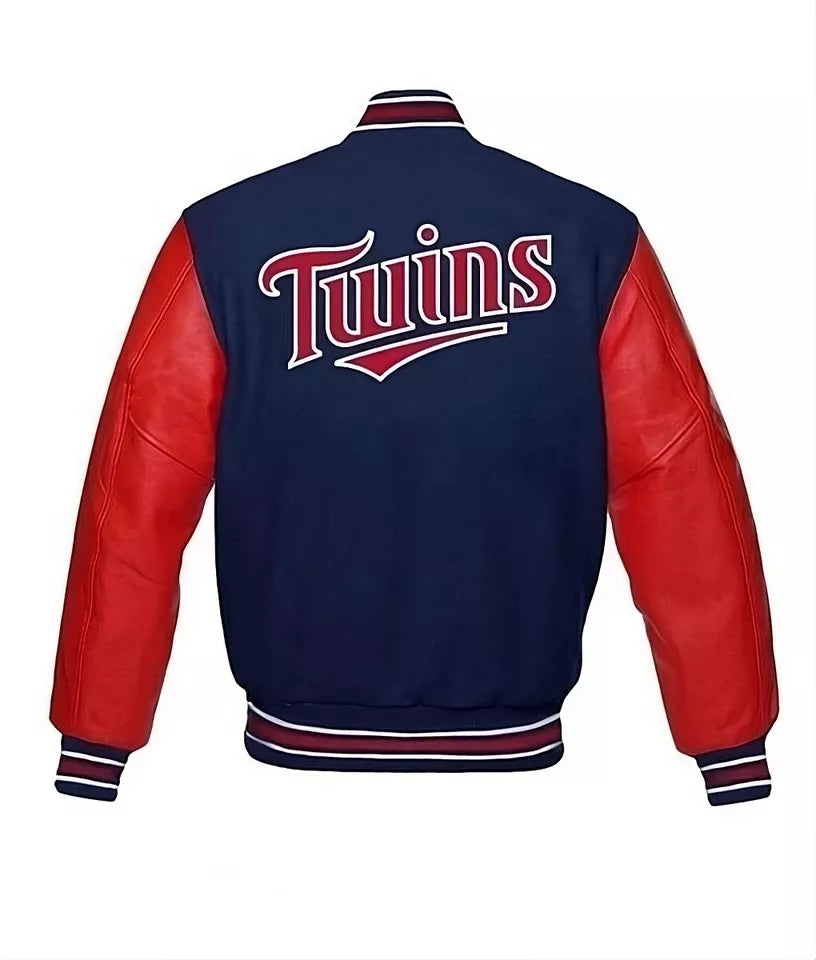 Minnesota Twins Navy Letterman Varsity Jacket With Red Genuine Leather Sleeves - MLB