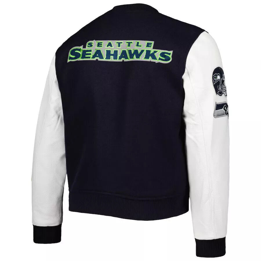 Letterman Seattle Seahawks Navy & White Varsity Jacket w Genuine Leather Sleeves - NFL