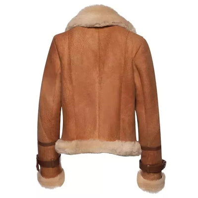 Kristy Vintage Cognac Women Crop Shearling Double collar Bomber Lambskin Jacket