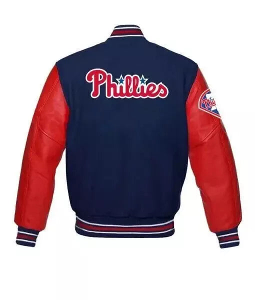 Letterman Philadelphia Phillies Varsity Jacket Wool With Genuine Leather Sleeves red and blue - MLB