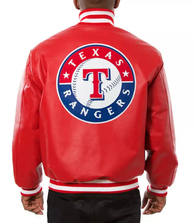 Men Letterman Texas Rangers Varsity Jacket Red Genuine Leather - MLB