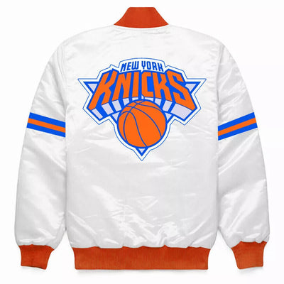 NBA New York Knicks White Satin College Bomber Varsity Jacket