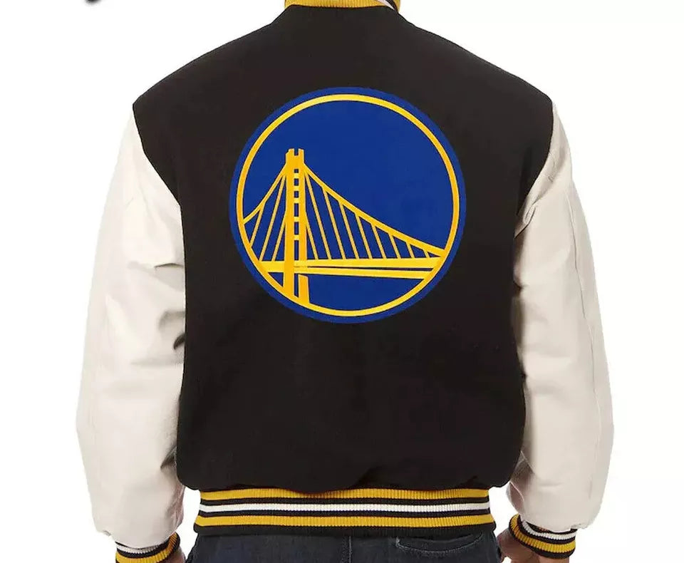 Men Letterman Golden State Warriors Black and White Varsity Jacket - NBA