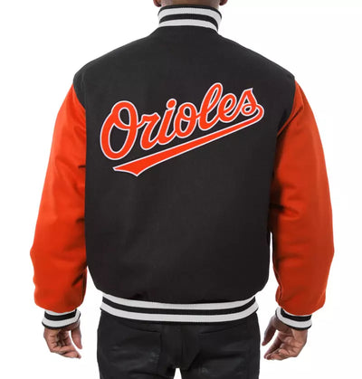 Men Baltimore Orioles Black Letterman Varsity Jacket Wool Orange Real Leather Sleeves - MLB
