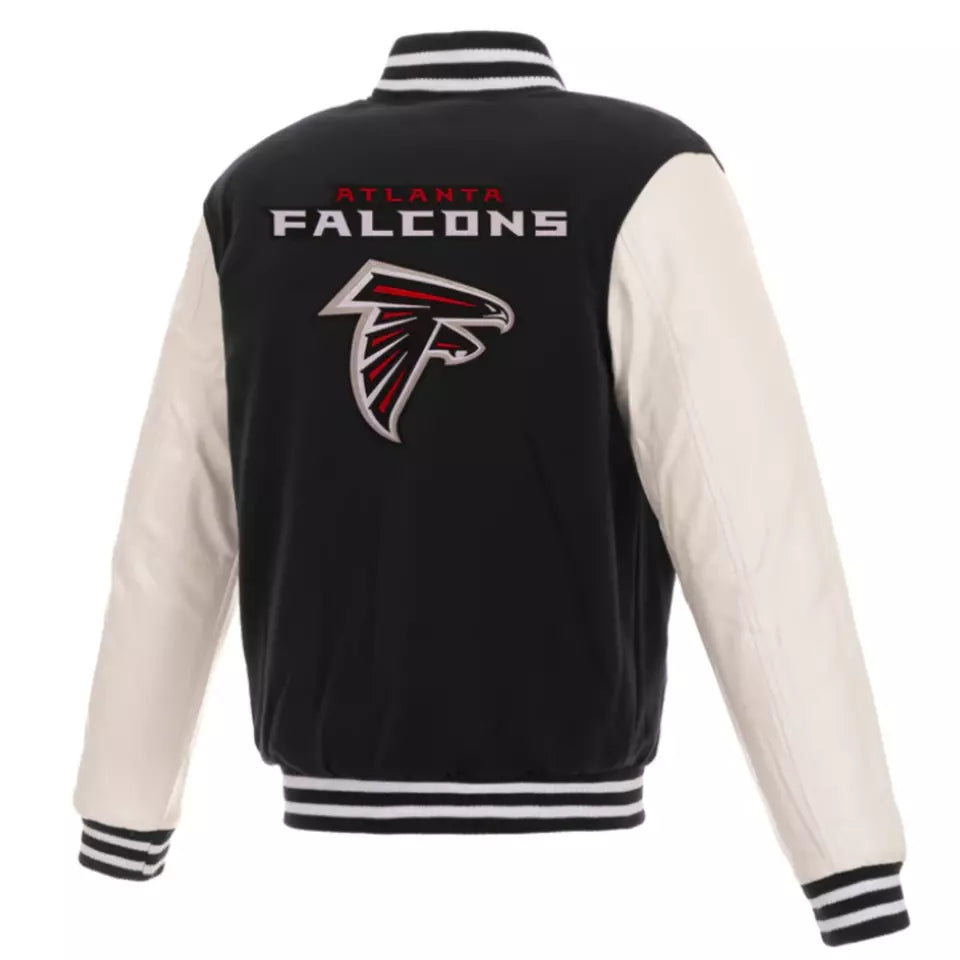 Atlanta Falcons Letterman Varsity Jacket Wool with Genuine Leather sleeves black and white - NFL