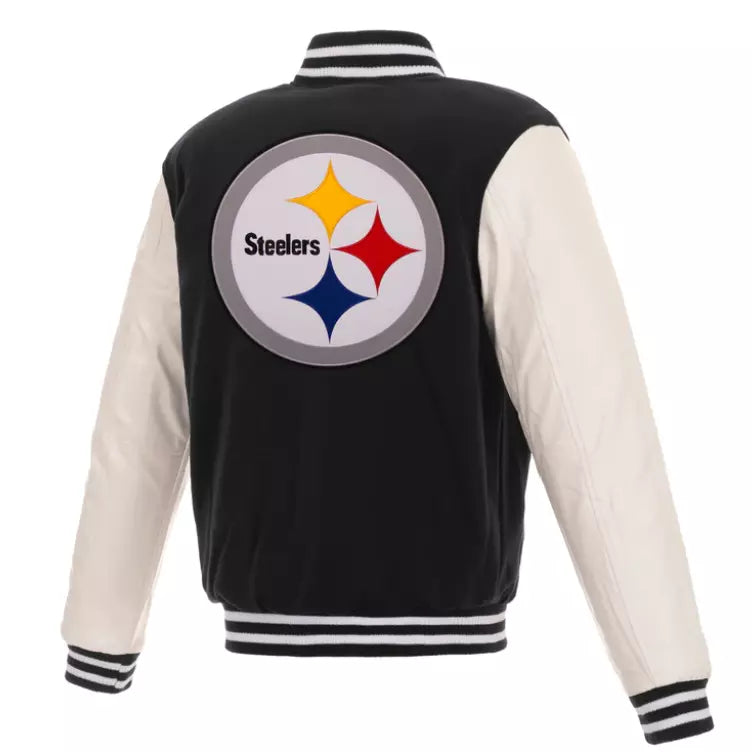 Letterman Pittsburgh Steelers Varsity Jacket Wool with Real Leather Sleeves -NFL black and white