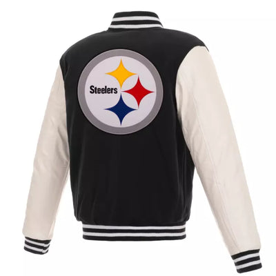 Letterman Pittsburgh Steelers Varsity Jacket Wool with Real Leather Sleeves -NFL black and white
