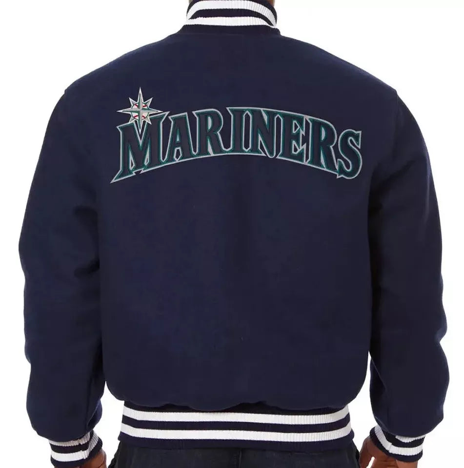 Men Letterman Seattle Mariners Navy Blue All Wool Varsity Jacket - MLB