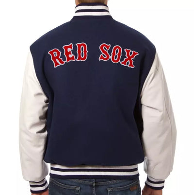 Men Boston Red Sox Navy Letterman Varsity Jacket Wool White Genuine with Leather Sleeves- MLB