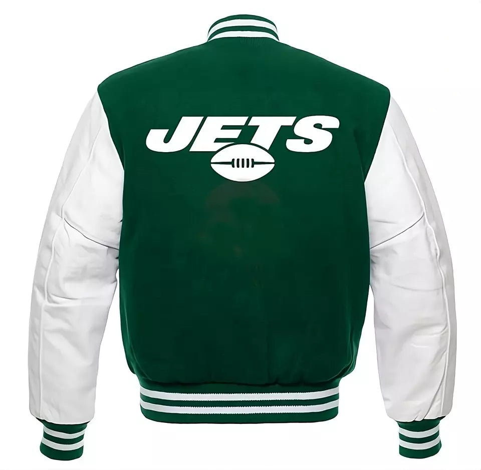 New York NY JETS Letterman Varsity Jacket Wool with Genuine Leather Sleeves green and white - NFL