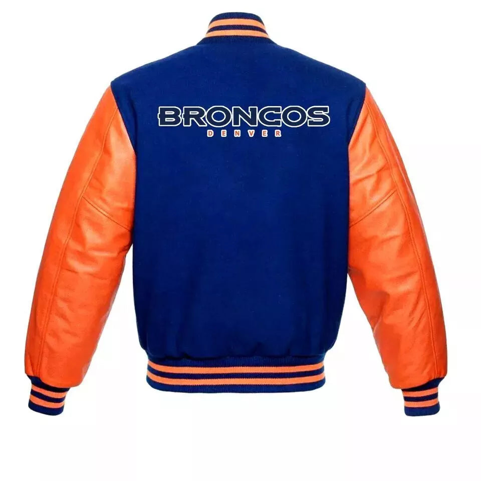 Denver Broncos Letterman Varsity Jacket Wool & Genuine Leather Sleeves - NFL