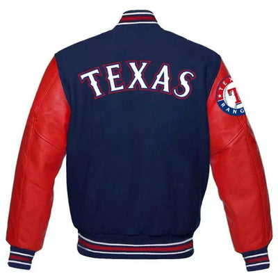 Men Texas Rangers Navy Letterman Varsity Jacket Wool With Red Genuine Leather Sleeves - MLB