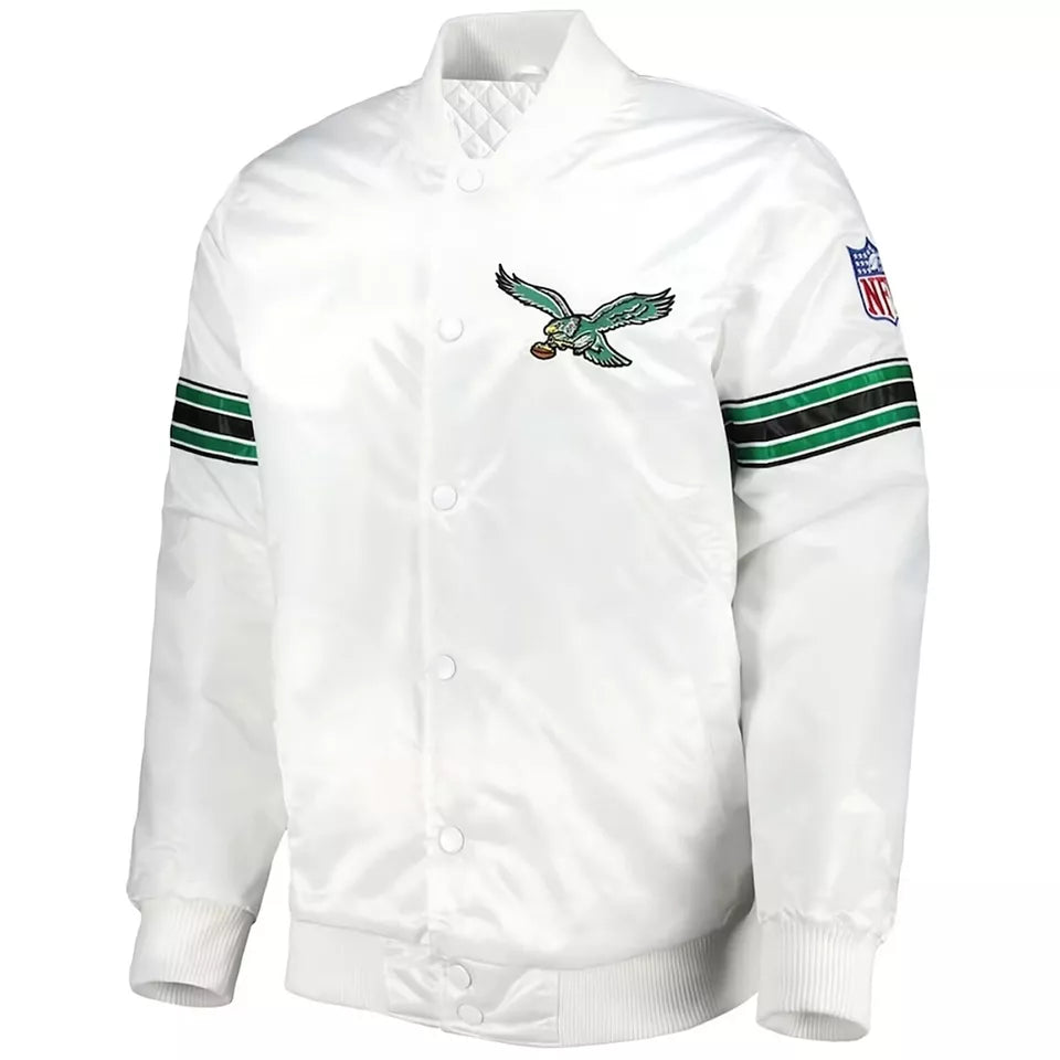 Philadelphia Eagles Full Snap White Satin Varsity Jacket Embroidery logos - NFL