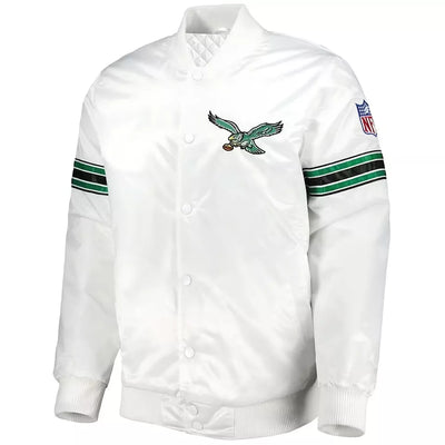 Philadelphia Eagles Full Snap White Satin Varsity Jacket Embroidery logos - NFL