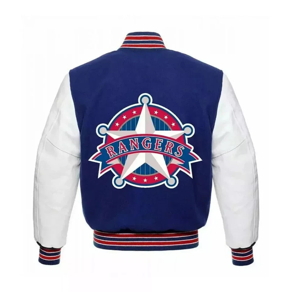 Men New Texas Rangers Letterman Varsity Jacket - Blue & White with Leather Sleeves - MLB