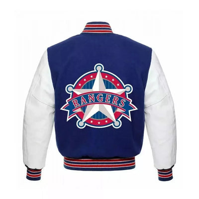 Men New Texas Rangers Letterman Varsity Jacket - Blue & White with Leather Sleeves - MLB