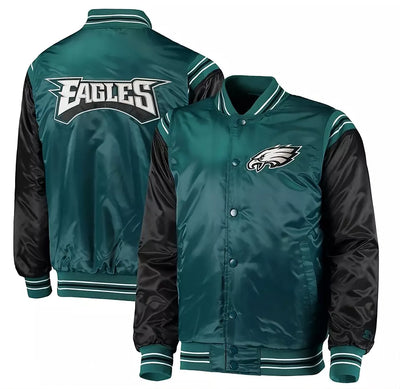 Philadelphia Eagles Full Snap Satin Varsity Jacket Embroidery logos green and black - NFL
