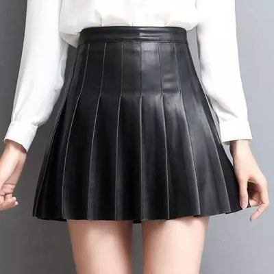 Women Genuine Leather Skirt Black Mini Pleated High Waist Slim A-line Skirt