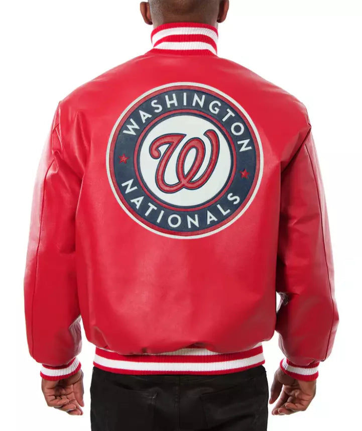 Men Washington Nationals Letterman Varsity Jacket Red Genuine Leather - MLB