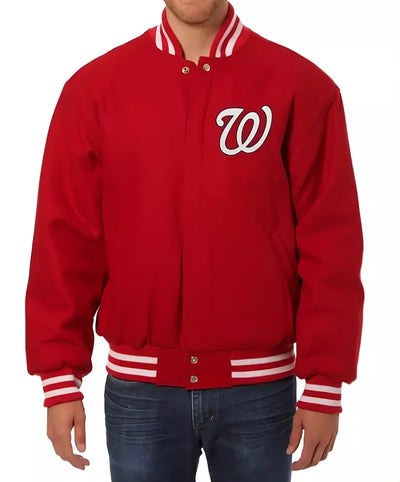 Men Washington Nationals Letterman Varsity Jacket Red Wool - Baseball MLB
