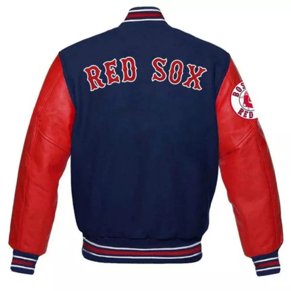 Men Boston Red Sox Red and Blue Letterman Varsity Jacket with Leather Sleeves - MLB