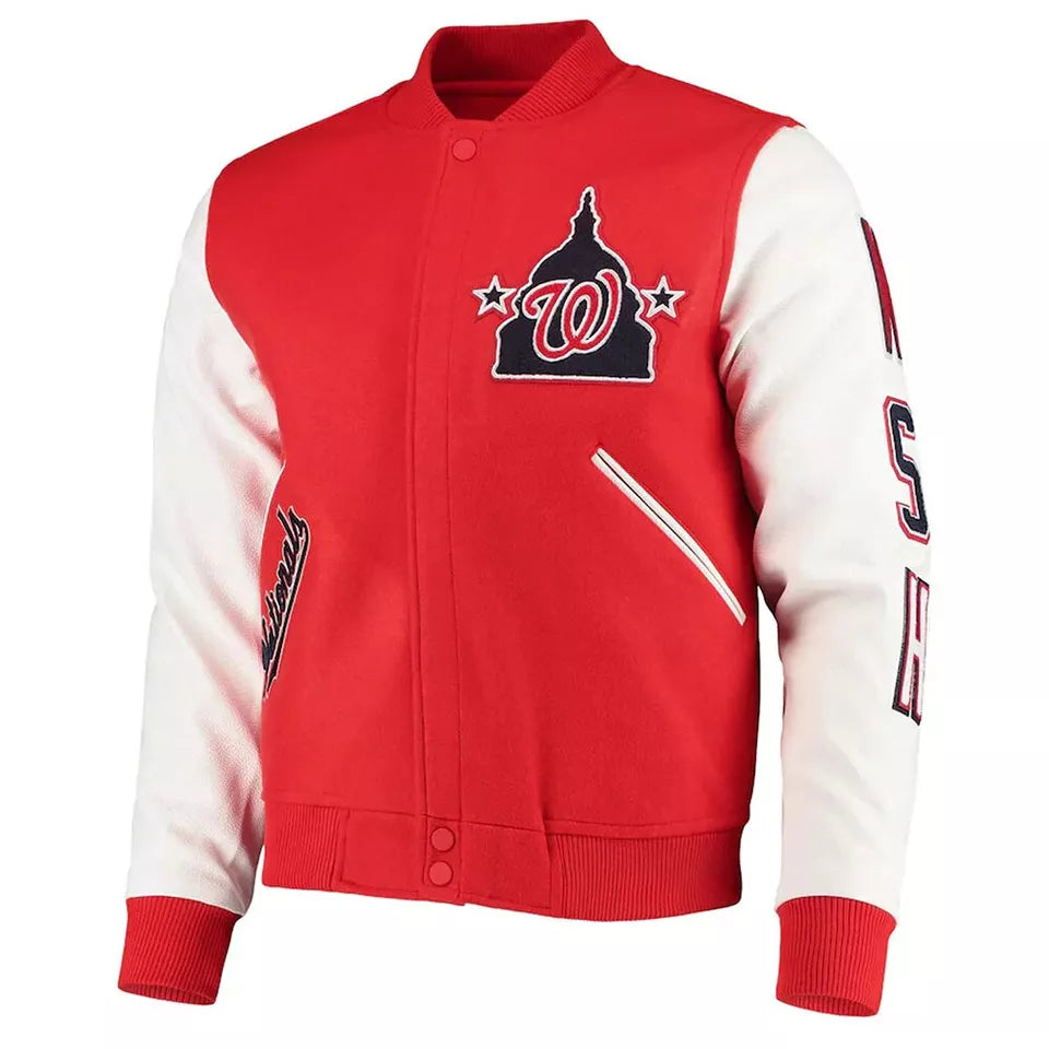 Men Letterman Washington Nationals Red and White Varsity Jacket - MLB