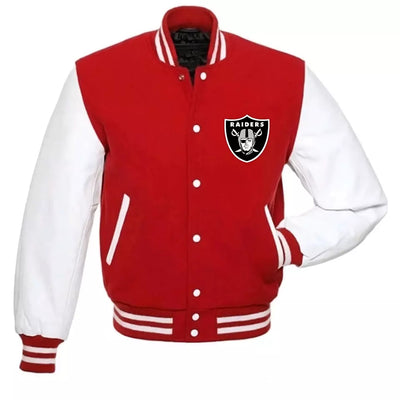 Oakland Las Vegas Raiders Letterman varsity jacket wool body leather sleeves red and white - NFL