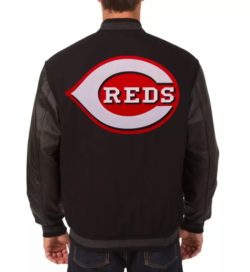 Men Cincinnati Reds Letterman Varsity Jacket Black Wool with Leather Sleeves MLB