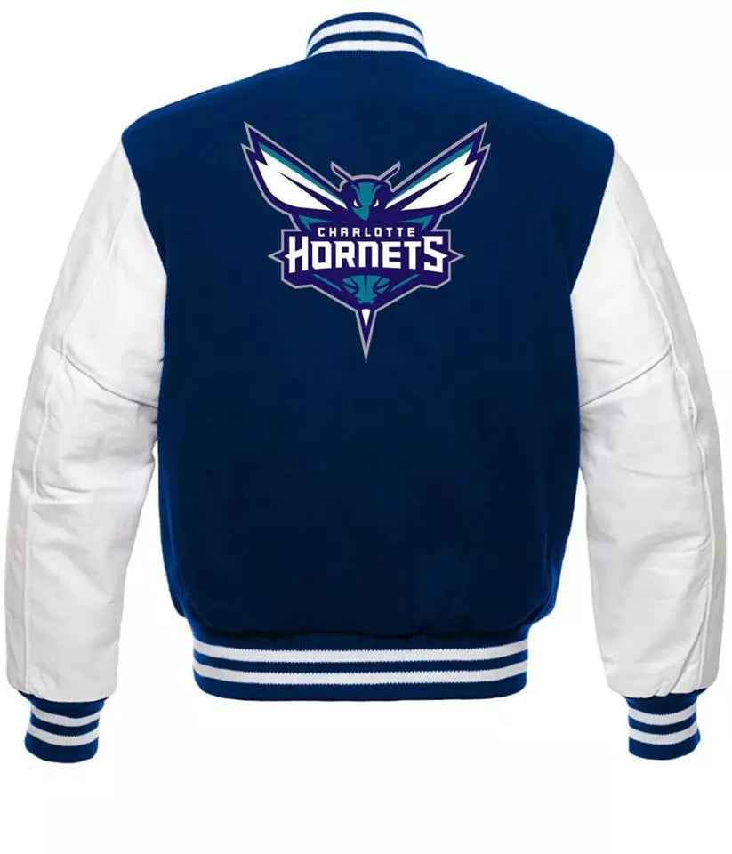 Men Letterman Charlotte Hornets Blue and White Varsity Jacket - NBA