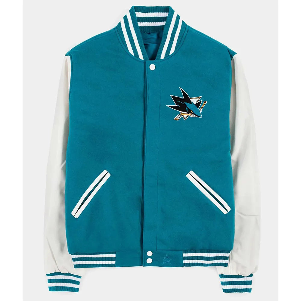 San Jose Sharks Varsity Jacket Teal Wool with White Genuine Leather Sleeves