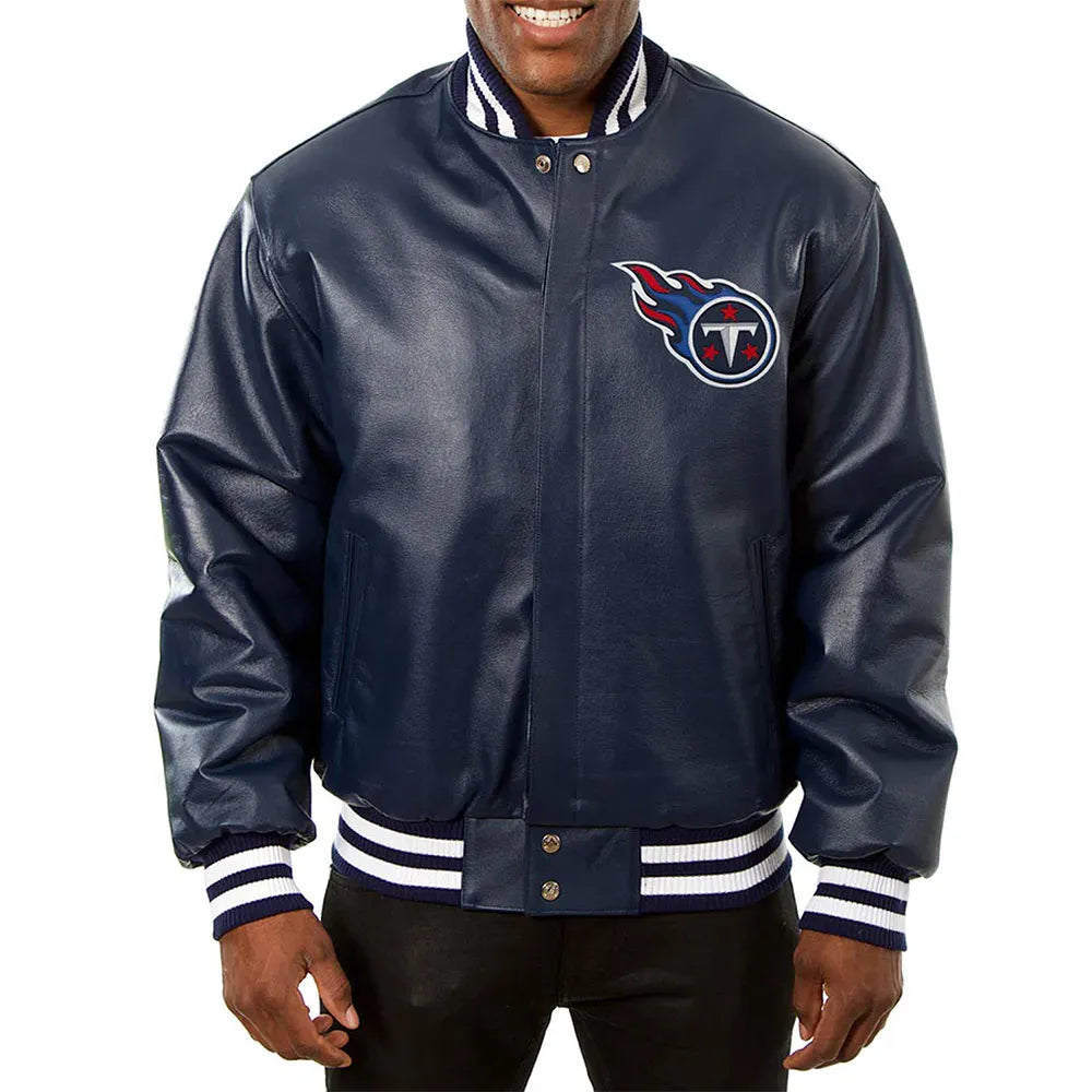 Men Tennessee Titans Navy Blue Varsity Leather Jacket - NFL