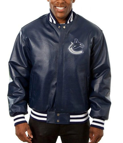 Men Vancouver Canucks Navy Blue Leather Varsity Jacket - NHL