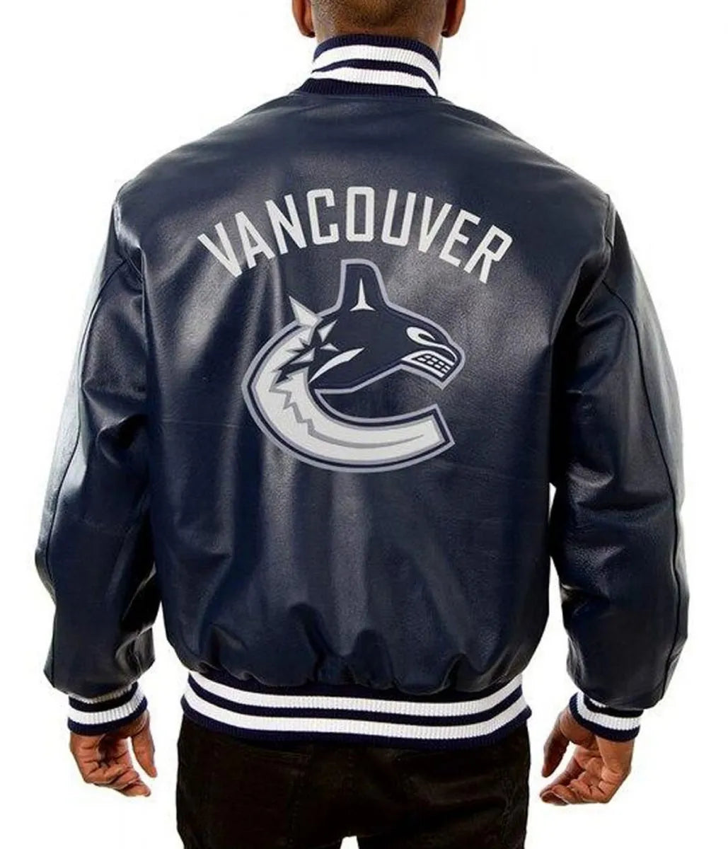 Men Vancouver Canucks Navy Blue Leather Varsity Jacket - NHL