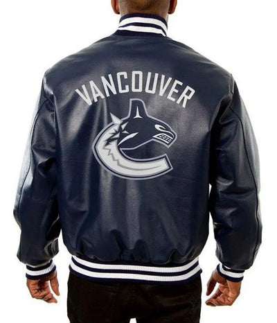 Men Vancouver Canucks Navy Blue Leather Varsity Jacket - NHL