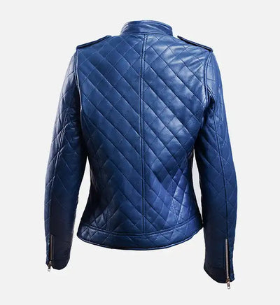 Women Blue Leather Puffer Jacket