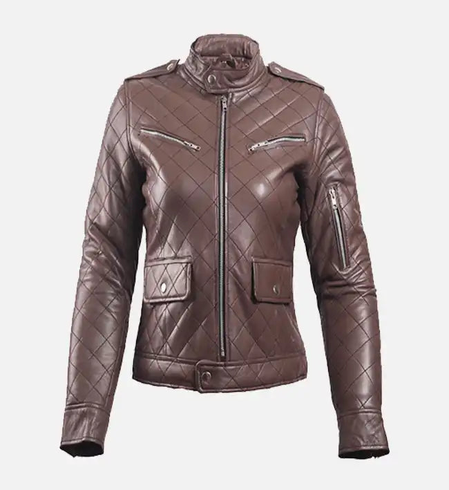 Women Brown Leather Puffer Jacket