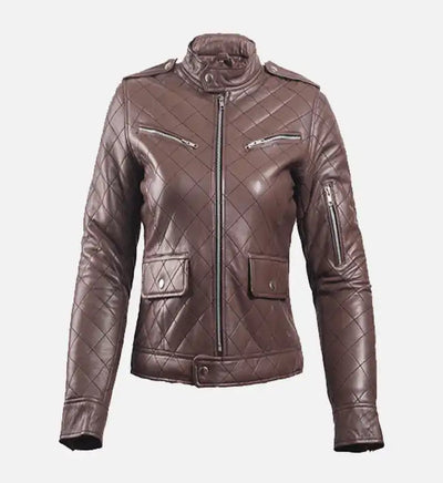 Women Brown Leather Puffer Jacket