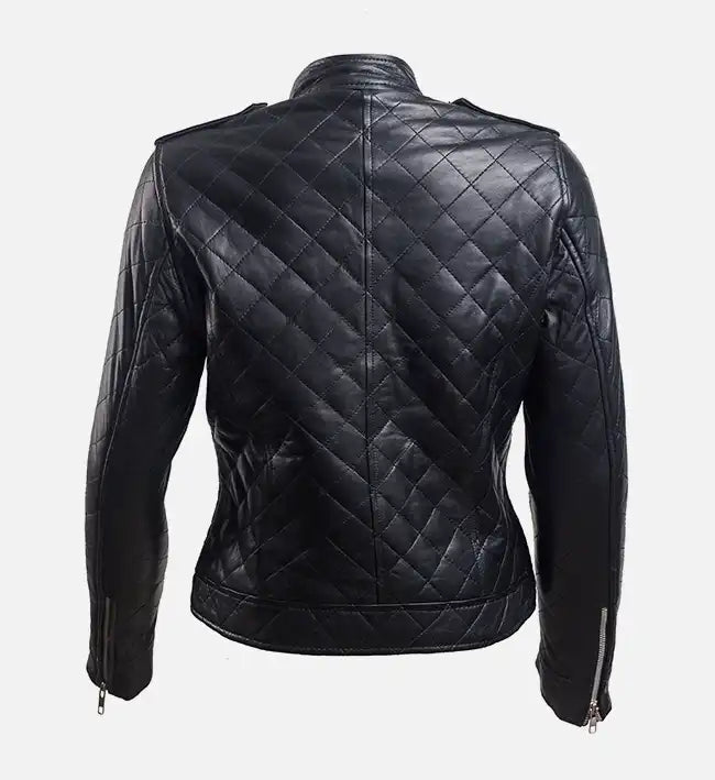 Women Black Leather Puffer Jacket