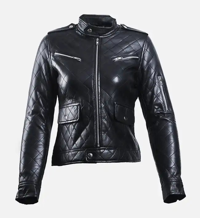 Women Black Leather Puffer Jacket